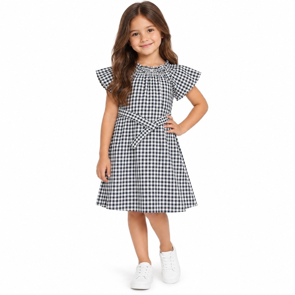 Uniqlo Kids Gingham Check Dress Navy Blue White Flutter Sleeve Size 7-8